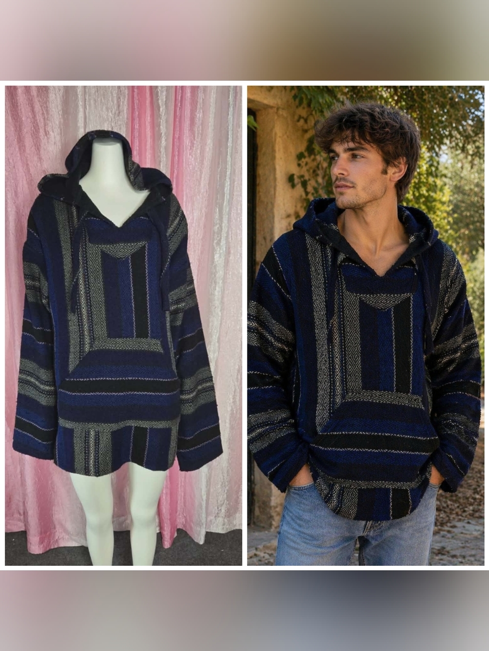 Molina Baja Blue Mexican Blanket Hoodie Pullover Jacket Size XL